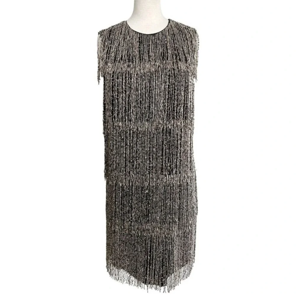 Burberry Silver Fringe Beaded Dress Cocktail Party Mini‎ Size 4 - Picture 2 of 11